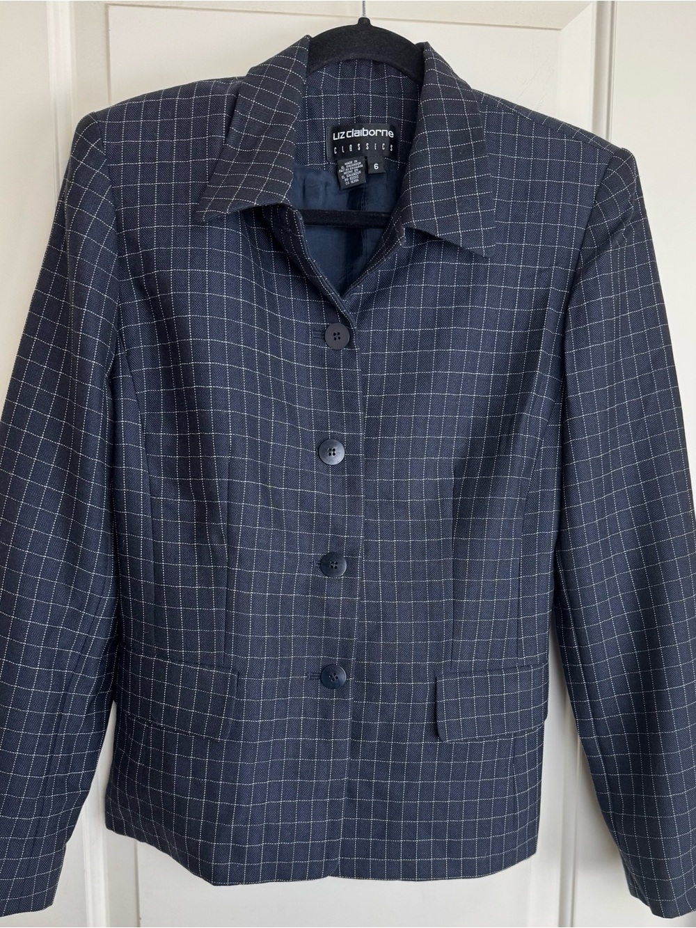 Liz Claiborne Classics 100% Wool Windowpane Blazer Navy Size 6